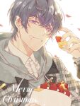  1boy bangs cake food food_on_face fruit grey_jacket grin hair_between_eyes highres holding holding_food jacket jiukuzi18797 looking_at_viewer marius_von_hagen_(tears_of_themis) open_mouth petals polo_shirt purple_hair shirt short_hair simple_background smile solo strawberry tears_of_themis teeth violet_eyes white_background white_shirt 