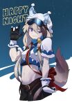  1girl absurdres arknights bangs blush brown_hair cardigan_(arknights) cardigan_(cheerful_guardian)_(arknights) closed_mouth crop_top dog_girl dog_tail drawdrawdeimos gloves highres long_hair low_twintails navel official_alternate_costume solo tail twintails violet_eyes 