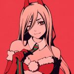  1girl adjusting_clothes breasts chainsaw_man christmas demon_horns hair_between_eyes horns long_hair looking_at_viewer moshimoshibe necktie one_eye_closed pink_hair power_(chainsaw_man) red_background red_horns simple_background smile solo 