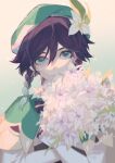  1boy androgynous artist_request bard commentary english_commentary flower genshin_impact gradient_hair green_eyes green_headwear highres male_focus multicolored_hair short_hair_with_long_locks solo venti_(genshin_impact) white_flower 