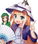  2girls akikawa_yayoi_(umamusume) animal_on_head black_hair blue_eyes cat cat_on_head commentary_request cowboy_shot fang folding_fan green_eyes hair_ribbon hand_fan hat hayakawa_tazuna highres index_finger_raised long_hair looking_at_viewer multicolored_hair multiple_girls on_head orange_hair ribbon simple_background skin_fang solo_focus sun_hat two-tone_hair umamusume uniform upper_body white_background yumi_yumi 