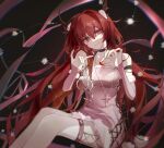  absurdres alternate_costume bangs choker cuffs dress eyebrows_visible_through_hair handcuffs heart highres horns jewelry lofter_username long_hair looking_at_viewer necklace nininisama pink_dress redhead smile surtr_(arknights) thigh_strap violet_eyes 