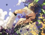  1boy bangs black_shirt blue_sky clouds cloudy_sky flower highres holding jacket looking_at_viewer mail marius_von_hagen_(tears_of_themis) mizhang17800476 outdoors polo_shirt purple_flower purple_hair purple_rose rose shirt sky smile solo tears_of_themis violet_eyes white_jacket 