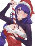 1girl artist_name bbykartal braid braided_ponytail breasts candy candy_cane closed_mouth eyebrows_visible_through_hair food genshin_impact hat highres holding holding_food human_scabbard large_breasts mole mole_under_eye purple_hair purple_nails raiden_shogun santa_costume santa_hat solo violet_eyes white_background