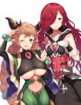  2girls :&gt; absurdres anna_(granblue_fantasy) arm_up bangs bare_arms black_pants bodysuit bracelet braid breasts brooch carmelina_(granblue_fantasy) clothing_cutout commentary_request draph gloves gold_trim granblue_fantasy green_eyes hair_over_one_eye hands_on_own_chest highres horns jewelry large_breasts light_brown_hair long_hair long_sleeves looking_at_another looking_at_viewer multiple_girls navel navel_cutout one_eye_closed open_mouth pants pointy_ears red_shirt salute shirt side_cutout simple_background small_breasts smile swept_bangs twin_braids under_boob underboob_cutout very_long_hair white_background white_gloves wide_sleeves yamato_(muchuu_paradigm) 