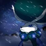  blue_eyes blurry calyrex closed_mouth commentary_request frown highres liblu night no_humans outdoors pokemon pokemon_(creature) snowing solo 