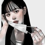  1girl aoki_kouri bangs fangs hair_behind_ear hands_up highres holding holding_mask limited_palette lips long_hair looking_at_viewer mask mole mole_under_mouth mouth_mask nose original portrait realistic sailor_collar solo surgical_mask 