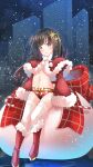  1girl asashio_(kancolle) black_hair blue_eyes blush boots building capelet christmas comah eyebrows_visible_through_hair fur-trimmed_boots fur-trimmed_capelet fur-trimmed_sleeves fur_trim highres kantai_collection long_hair navel open_mouth pom_pom_(clothes) red_capelet red_footwear sack sleeves_past_wrists snow snowing solo thigh-highs white_legwear 