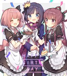  3girls apron asano_hazuki bangs birthday birthday_cake blue_eyes blue_hair blush breasts cake closed_mouth coat crown eyebrows_behind_hair eyebrows_visible_through_hair food hair_ornament hair_ribbon hamo_(maca-roon) happy_birthday long_hair looking_at_another maid maid_apron multiple_girls open_mouth pink_hair raramagi ribbon scarf school_uniform shirt short_hair skirt smile twintails uniform violet_eyes 