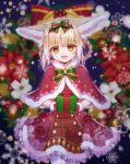  1girl :d animal_ear_fluff animal_ears arknights blonde_hair blurry blurry_background box braid brown_eyes capelet christmas christmas_wreath commentary_request depth_of_field dress fox_ears frilled_dress frills fur-trimmed_capelet fur-trimmed_dress fur_trim gift gift_box hair_rings holding holding_gift looking_at_viewer multicolored_hair pantyhose red_capelet red_dress santa_costume smile solo suzuran_(arknights) tokifuji_kougetsu twin_braids two-tone_hair white_hair white_legwear 