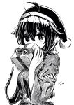  1girl alternate_costume box dated gift gouta_(nagishiro6624) hair_flaps hat highres kantai_collection long_hair monochrome remodel_(kantai_collection) santa_hat shigure_(kancolle) simple_background solo upper_body 