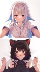  2girls absurdres animal_ears bangs black_sweater blue_hair blue_nails blunt_bangs blush brown_hair closed_mouth collared_shirt colored_inner_hair commentary_request dog_ears dog_hair_ornament eyebrows_visible_through_hair girl_on_top hair_ornament heterochromia highres holding_another&#039;s_wrist inui_toko lize_helesta long_hair long_sleeves looking_at_another looking_at_viewer lying multicolored_hair multiple_girls nenehotoso nijisanji on_back parted_lips red_eyes ribbed_sweater shirt short_sleeves silver_hair sweater thigh-highs turtleneck turtleneck_sweater two-tone_hair upper_body violet_eyes virtual_youtuber white_background white_shirt yellow_eyes yuri 