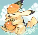  ^_^ animal_focus blue_background blue_sky blush_stickers closed_eyes clouds commentary_request day food fruit full_body happy holding holding_food holding_fruit jaggy_line lowres no_humans open_mouth outdoors outline oyama_yoihaya persimmon pikachu pokemon pokemon_(creature) ripples sitting sky smile solo water_drop white_outline 
