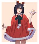 1girl absurdres alternate_costume animal_ears arknights bangs binware black_hair black_ribbon blush border brown_hairband cake cake_slice cowboy_shot dog_ears dress facial_mark fake_antlers food forehead_mark fork fruit hairband highres holding holding_fork holding_plate long_hair looking_at_viewer neck_ribbon no_pants open_mouth orange_background outside_border parted_bangs plate pom_pom_(clothes) red_dress ribbon saga_(arknights) santa_dress simple_background solo strawberry white_border yellow_eyes 