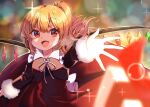  1girl :d alternate_costume blonde_hair blurry blurry_background bokeh capelet christmas crystal depth_of_field flandre_scarlet glint looking_at_viewer no_hat no_headwear one_side_up reaching_out red_eyes smile solo touhou wings yuineko 