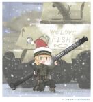  1girl black_pants blonde_hair blue_eyes christmas fairy_(kancolle) green_jacket ground_vehicle gun hair_between_eyes hat highres holding holding_gun holding_weapon jacket kantai_collection kitsuneno_denpachi long_sleeves medium_hair merry_christmas military military_vehicle motor_vehicle open_mouth pants red_headwear santa_hat smile solo tank translation_request weapon 