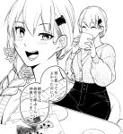  1girl alternate_hairstyle blush braid buttons closed_eyes cup drinking eyebrows_visible_through_hair food greyscale hair_between_eyes hair_ornament hairclip heart holding holding_cup kantai_collection long_hair long_sleeves monochrome multiple_views open_mouth pants pizza pizza_slice single_braid speech_bubble suzuya_(kancolle) tanaka_io_(craftstudio) translation_request 