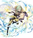  1girl arm_guards armor bangs belt black_footwear book boots byleth_(fire_emblem) byleth_eisner_(female) cape dagger fire_emblem fire_emblem:_three_houses fire_emblem_heroes full_body gold_trim green_eyes green_hair high_heel_boots high_heels highres holding holding_book jewelry kakage knee_boots knife leg_up magic midriff navel official_art open_book open_mouth pantyhose shiny shiny_clothes shiny_hair short_hair short_sleeves shorts solo stomach tiara transparent_background weapon 