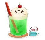  7mb_yut :p animal_focus apron blue_apron cherry chibi commentary cup drink drinking_glass drinking_straw food food_focus fruit horns ice ice_cream ice_cube league_of_legends no_humans open_mouth poro_(league_of_legends) shadow simple_background tongue tongue_out undersized_animal white_background 
