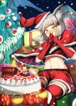  blush breasts cake christmas christmas_ornaments christmas_present christmas_tree crop_top food fruit gift gloves hat highres midriff multiple_girls mythra_(xenoblade) navel nia_(xenoblade) orange_(fruit) pyra_(xenoblade) red_gloves rex_(xenoblade) santa_costume santa_gloves santa_hat shindayomon short_hair skirt small_breasts solo strawberry thigh-highs white_hair yellow_eyes zettai_ryouiki 