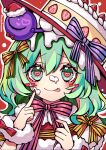  1girl :p alternate_costume bangs blush bow cake capelet christmas commentary_request eyeball eyelashes food fur-trimmed_capelet fur_trim hair_between_eyes heart heart-shaped_pupils highres index_finger_raised komeiji_koishi kyouda_suzuka looking_at_viewer multicolored_eyes nail_polish pink_bow purple_bow red_bow red_capelet red_eyes red_nails solo standing strawberry_shortcake striped striped_bow symbol-shaped_pupils third_eye tongue tongue_out touhou twitter_username upper_body whipped_cream wrist_cuffs yellow_bow 