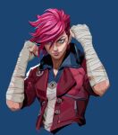  1girl arcane:_league_of_legends arcane_vi arms_up artist_request bandaged_arm bandages blue_background blue_eyes buckle clenched_hands closed_mouth jacket league_of_legends pink_hair red_jacket short_hair simple_background solo upper_body very_short_hair vi_(league_of_legends) 