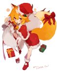  animal_ear_fluff animal_ears arched_back bangs bell blonde_hair blush boots box capelet commentary eyebrows_visible_through_hair fox_ears fox_girl fox_tail full_body fur-trimmed_boots fur-trimmed_capelet fur-trimmed_gloves fur-trimmed_headwear fur_trim gift gift_box gloves hat holding leaning_forward long_sleeves looking_at_viewer neck_bell orange_hair red_capelet red_footwear red_ribbon ribbon rimukoro sack santa_hat senko_(sewayaki_kitsune_no_senko-san) sewayaki_kitsune_no_senko-san simple_background tail tail_ornament tail_ribbon white_background white_gloves wide_sleeves 