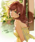  1girl bangs bare_shoulders brown_hair dress earrings green_eyes jewelry lips long_hair looking_at_viewer looking_to_the_side rosa_(tears_of_themis) shadow sleeveless sleeveless_dress smile solo strapless strapless_dress tang_xinzi tears_of_themis yellow_dress 