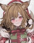  1girl :3 alternate_costume animal_ear_fluff animal_ears aogisa arknights bangs blush box brown_hair ceobe_(arknights) closed_mouth dog_ears dog_girl dog_tail eyebrows_visible_through_hair fur_trim gift gift_box hat highres holding holding_gift long_hair looking_at_viewer red_eyes red_headwear santa_costume santa_hat smile snowflakes solo symbol-only_commentary tail upper_body 