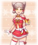  1girl :d alternate_costume animal_ears bangs blunt_bangs box breasts cat_ears chest_jewel cowboy_shot dress english_commentary enni eyebrows_visible_through_hair facial_mark fangs gift gift_box gloves holding holding_gift layered_dress looking_at_viewer nia_(xenoblade) red_dress santa_dress short_hair silver_hair small_breasts smile strapless strapless_dress thigh-highs white_gloves xenoblade_chronicles_(series) xenoblade_chronicles_2 yellow_eyes zettai_ryouiki 