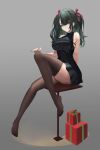  1girl absurdres black_dress black_legwear breasts christmas dress feet frown gift green_hair hair_ribbon highres large_breasts looking_at_viewer no_shoes ribbon sitting skirt solo thigh-highs thighs twintails yellow_eyes zhanggong 
