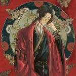  1boy absurdres bug butterfly cape chinese_clothes collared_shirt dim-moon floral_print glasses hanfu highres jade_(gemstone) long_sleeves looking_at_viewer low_ponytail male_focus original red_cape shirt solo tassel upper_body 