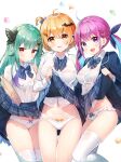 3girls :3 :d alternate_costume ayamy bangs bat_hair_ornament blonde_hair blue_hair blush bow bow_panties bowtie bra braid butterfly_hair_ornament clothes_lift commentary_request dot_mouth gradient_hair green_hair hair_between_eyes hair_ornament hairclip heart heart_in_eye highres hololive lifted_by_self long_hair looking_at_viewer minato_aqua multicolored_hair multiple_girls navel panties purple_hair red_eyes school_uniform see-through shirt short_hair simple_background skirt skirt_lift smile symbol_in_eye thigh-highs thigh_gap twintails two-tone_hair underwear uruha_rushia very_long_hair violet_eyes virtual_youtuber white_background white_bra white_legwear white_panties white_shirt yellow_eyes yozora_mel 