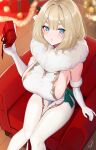  1girl bangs blonde_hair blue_eyes blush breasts chair christmas commentary_request elbow_gloves feet_out_of_frame from_above fur_trim gift gloves hair_ornament hayabusa highres holding holding_gift large_breasts mole mole_on_breast mole_under_eye original parted_lips short_hair sideboob sitting solo thick_eyebrows thighs white_gloves white_legwear 