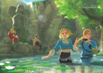 2boys 2girls barefoot blonde_hair blue_eyes boots dual_persona eorinamo fingerless_gloves gloves green_eyes highres lens_flare lily_pad link looking_at_another multiple_boys multiple_girls partially_submerged pointy_ears princess_zelda sitting splashing statue sunlight the_legend_of_zelda the_legend_of_zelda:_breath_of_the_wild the_legend_of_zelda:_skyward_sword toes tree twitter_username water yellow_eyes 