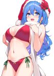  1girl bangs bikini blue_eyes blue_hair blush breasts christmas commentary_request cowboy_shot earrings eyebrows_visible_through_hair hat hisen_kaede jewelry large_breasts long_hair looking_at_viewer navel open_mouth original red_bikini red_headwear santa_hat scarf simple_background smile solo swimsuit white_background white_scarf 