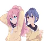  2girls :o adjusting_hair arms_up bangs black_sailor_collar blue_eyes blue_hair blush closed_mouth commentary_request hair_bun highres interlocked_fingers kagamihara_nadeshiko long_hair long_sleeves looking_at_another looking_at_viewer multiple_girls murairamuraiari neckerchief own_hands_together parted_lips pink_hair sailor_collar shima_rin simple_background sweatdrop sweater upper_body violet_eyes white_background white_neckerchief yellow_sweater yurucamp 