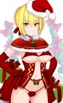  1girl ahoge blonde_hair bra braid braided_bun breasts capelet elbow_gloves fate/grand_order fate_(series) fur-trimmed_capelet fur-trimmed_gloves fur-trimmed_headwear fur_trim gloves green_eyes hair_intakes hair_ribbon hat highres large_breasts navel nero_claudius_(fate) panties red_bra red_capelet red_gloves red_headwear red_panties red_ribbon rezodwel ribbon santa_hat smile solo underwear 