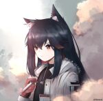  1girl animal_ear_fluff animal_ears arknights black_hair black_shirt blush cigarette closed_mouth eyebrows_behind_hair gloves heart heart_necklace highres holding holding_cigarette hood hood_down hooded_jacket id_card jacket long_hair long_sleeves looking_away meis_(meistral) multicolored_hair official_alternate_costume open_clothes open_jacket red_eyes red_gloves redhead shirt sidelocks smoke solo texas_(arknights) texas_(winter_messenger)_(arknights) two-tone_hair upper_body white_jacket wolf_ears 