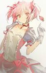  1girl blush bubble_skirt choker collarbone elbow_gloves eyebrows_visible_through_hair gloves hair_between_eyes hair_ornament hair_ribbon highres index_finger_raised irohatomo kaname_madoka looking_at_viewer magical_girl mahou_shoujo_madoka_magica pink_eyes pink_hair puffy_short_sleeves puffy_sleeves ribbon short_hair short_sleeves simple_background skirt solo soul_gem twintails white_background white_gloves 