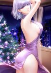  1girl alternate_costume arms_up ass back bangs bare_shoulders breasts building christmas christmas_tree curtains dress earrings eyes_visible_through_hair filha from_side girls_frontline hair_behind_ear halterneck highres indoors jewelry large_breasts looking_at_viewer night night_sky purple_hair rpk-16_(girls&#039;_frontline) short_hair side_slit sideboob silver_hair sky thighs violet_eyes window 