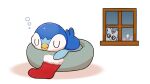  bean_bag_chair bubble closed_eyes closed_mouth commentary_request delibird glass holding indoors looking_inside lying no_humans official_art on_stomach piplup pokemon pokemon_(creature) project_pochama sleeping window 
