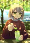  1girl blush cup day feeding food fruit grapes green_eyes highres holding looking_at_viewer mizuki_(lvo0x0ovl) pov sitting smile solo spoon sunlight sweater table tree white_hair 