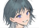  1girl commentary_request eyebrows_visible_through_hair face grey_hair grin looking_at_viewer original piercing_hole portrait short_hair simple_background smile solo torino_kawazu violet_eyes white_background 