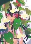  1girl b_(bbm) bangs bare_shoulders black_hair blush bow breasts eyebrows_visible_through_hair flower frills gradient hair_between_eyes hair_ornament hair_tubes hakurei_reimu highres leaf long_hair looking_at_viewer medium_breasts open_mouth pink_eyes red_bow simple_background solo touhou white_background white_flower yellow_flower 