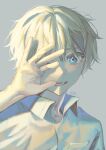  1boy absurdres blue_eyes breast_pocket collared_shirt commentary_request grey_background hand_up highres limited_palette male_focus one_eye_covered original parted_lips pocket shirt short_hair signature simple_background solo torino_kawazu white_hair white_shirt 