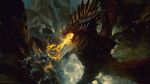  1other absurdres ambiguous_gender anato_finnstark artist_name breathing_fire cape dark dragon fire from_side highres monster original outdoors scenery standing 