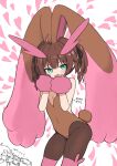  1girl animal_ears bare_arms bare_shoulders black_ribbon blush breasts brown_hair brown_legwear brown_leotard character_request cosplay drowzee green_eyes hair_ribbon hands_up heart highres hololive large_ears leotard looking_at_viewer lopunny lopunny_(cosplay) medium_hair natsuiro_matsuri pantyhose pink_legwear pokemon pokemon_(creature) rabbit_ears ribbon sabaku_chitai small_breasts smile solo standing thigh-highs two_side_up wristband 