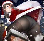  1girl ass bangs blue_eyes blush breath brown_hair chimney christmas embarrassed fed_(giba) highres long_hair looking_at_viewer night open_mouth original panties pantyhose santa_costume shoes solo underwear 