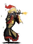  1girl absurdres antlers bangs blonde_hair bow bowtie breasts brown_gloves bullet chinese_clothes fingerless_gloves firing fox_print frilled_sleeves frills fur-trimmed_headwear gloves gold_trim gun hair_between_eyes hat high_heels highres holding holding_gun holding_weapon junko_(touhou) kikoka_(mizuumi) large_breasts long_hair long_sleeves looking_to_the_side neck_ribbon obi outstretched_arms phoenix_crown red_eyes red_headwear reindeer_antlers ribbon rifle santa_hat sash shell smile solo standing tabard tassel touhou weapon wide_sleeves yellow_bow yellow_bowtie yellow_ribbon 